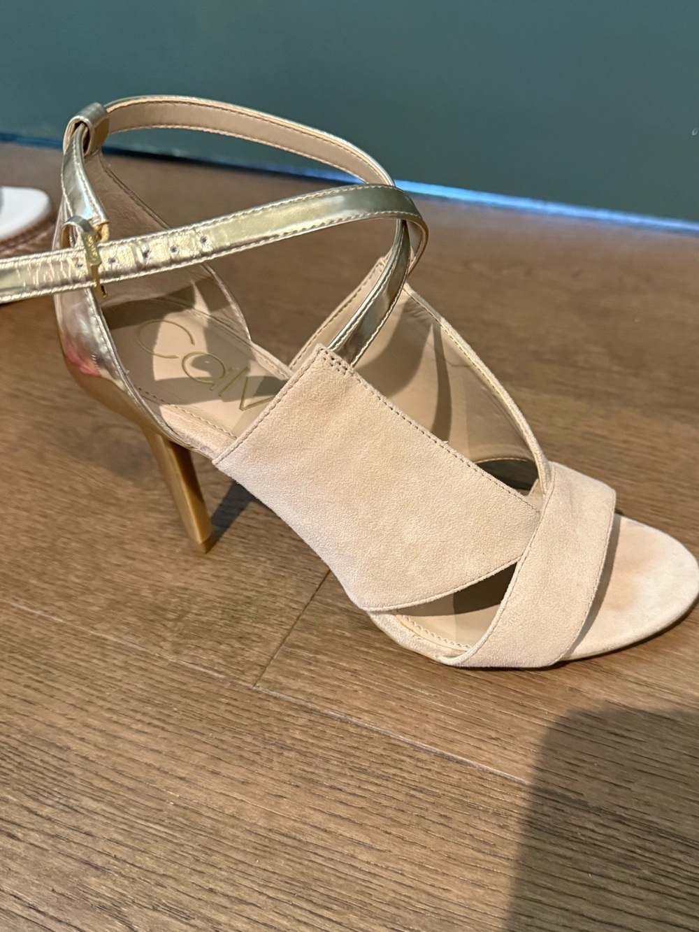 Calvin Klein Beige Suede Open-Toe Heels with Gold Strap